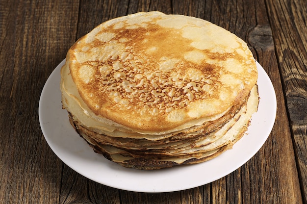 top view plate with stack of pancakes