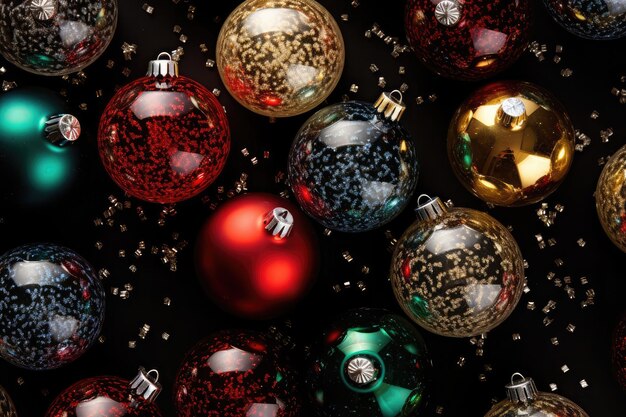 Foto top view platte lay van veelkleurige kerstboom speelgoed ballen op donkere zwarte feestelijke achtergrond