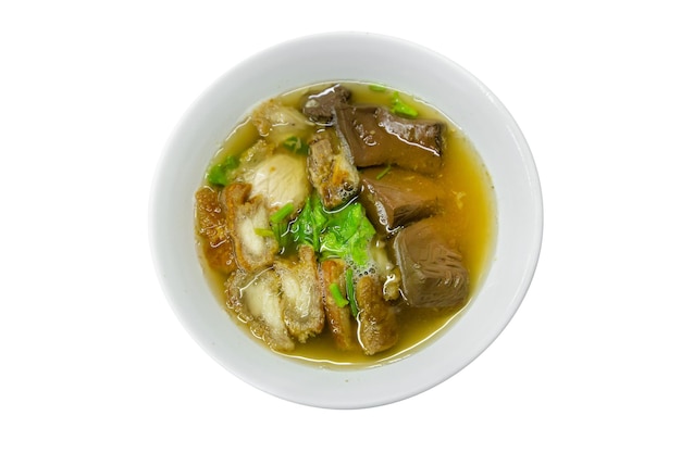 Top view of Pork Blood Soup or clear soup with pork blood as its primary ingredient focus selective