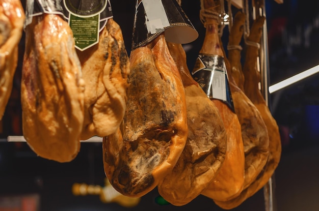 Photo top view of pork ham jamon in supermarket