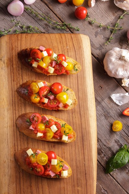 Top view portait of italian homemade bruschetta