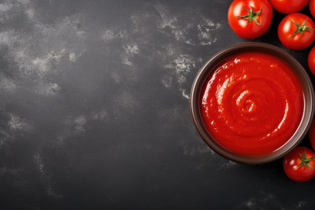 Foto ritratto in alto di un assortimento di pomodori freschi e ketchup su sfondo nero con spazio vuoto