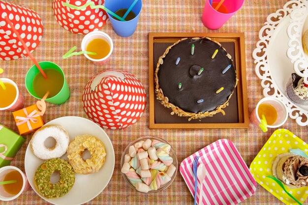 Top view portrait of table set up for child's party