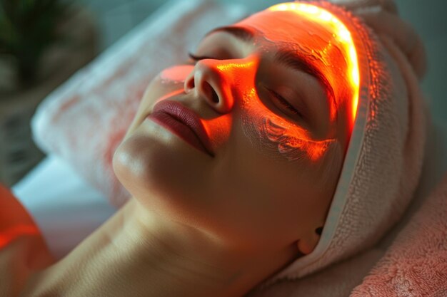 Top view portrait of young woman getting laser skin treatment