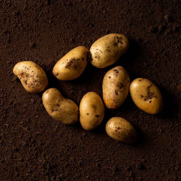 Top view potatoes on soil