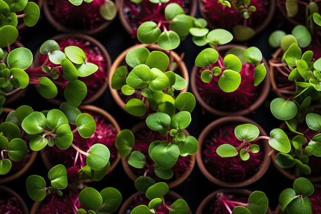 Top view of pots with microgreens