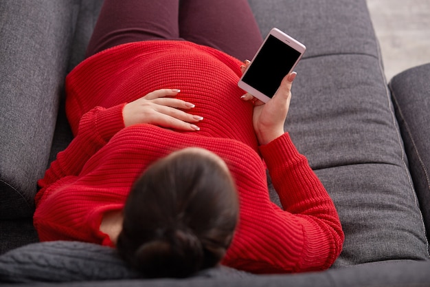 Top view of pregnant female keeps hand on belly, holds mobile phone with blank screen, wears red sweater, with bunch