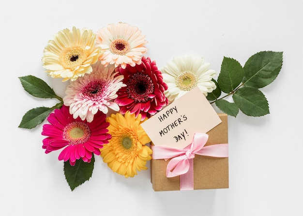 Top view present and flowers arrangement