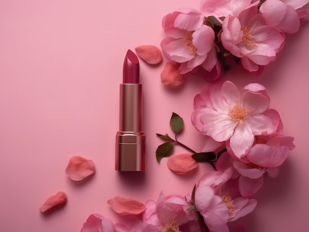 Photo top view of pretty pink lipstick on pink background with flowers generative ai