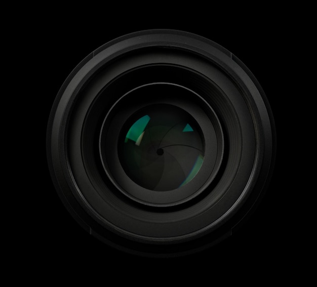 Top view of a professional optical lens for modern DSLR cameras isolated on a black background High resolution image