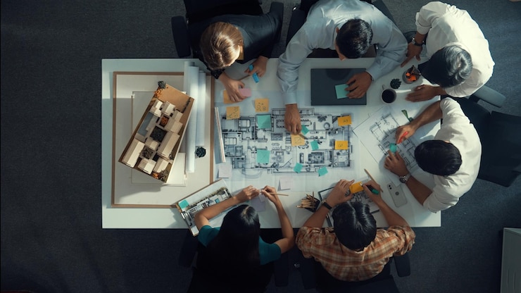 Photo top view of project manager or engineer writing at blueprint alimentation