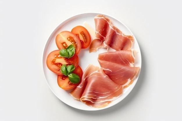 Top View Prosciutto E Melone On White Round Plate On White Background Generative AI