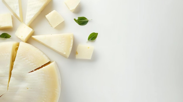 Top view of Provolone cheese cut into small pieces with a clean white backdrop with a big space for text or product Generative AI