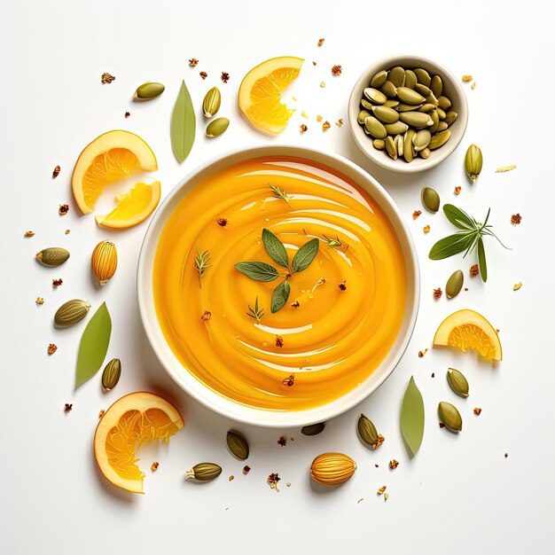top view of pumpkin soup with seeds and spices on white background in the style of smooth and curve