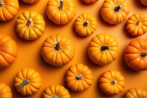 Top view pumpkins on bright background autumn concept