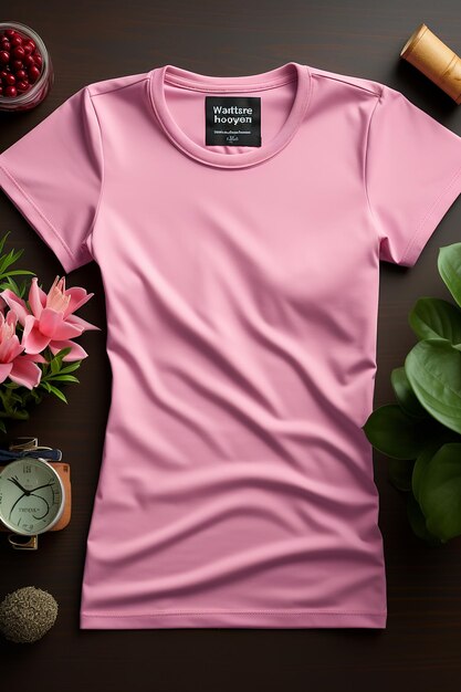 Top view of pure PINK tshirt mockup perfectly styled