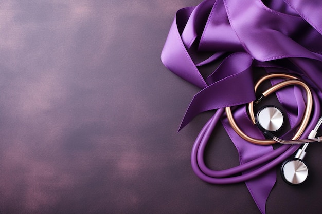 top view of purple ribbon with stethoscope