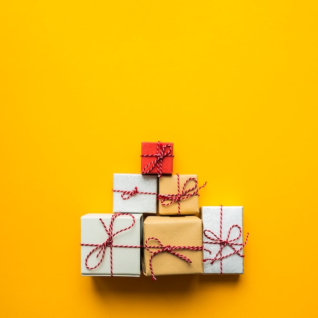 Top view pyramid of wrapped gifts