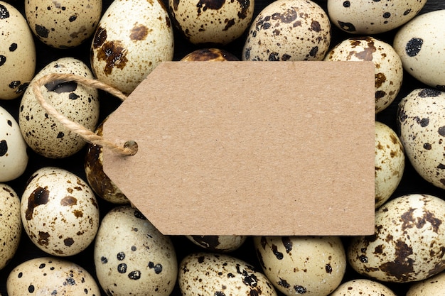 Photo top view quail eggs arrangement with tag