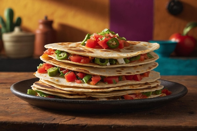 Top view of a quesadilla on a woode