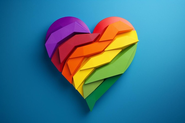 Top view of rainbow colored heart and flag