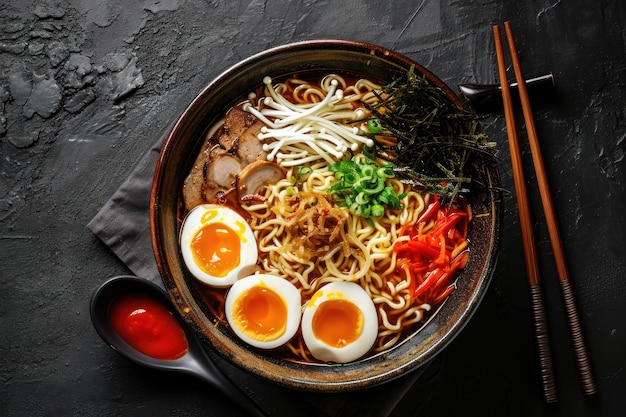 Foto vista superiore di noodle ramen in ciotola su sfondo nero