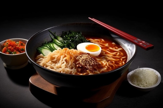 Top view ramen Traditional Korean ramen soup with kimchi Korean cuisine Asian food