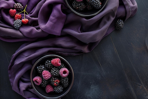 Top view raspberries black grapes in bowls purple shawl on dark surface free space