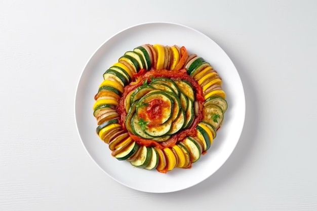 Top View Ratatouille On White Round Plate On White Background Generative AI