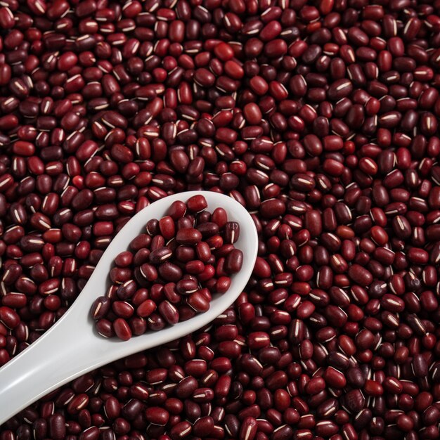 Top view of raw adzuki red bean as background with spoon.