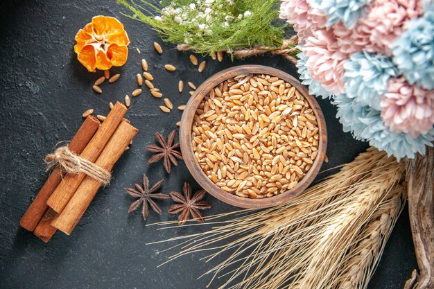 top view raw corns on gray background bread bun wheat color photo bake fresh field