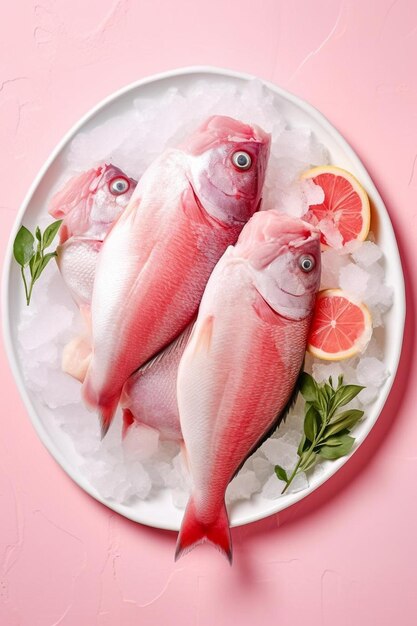 Top view of raw fishes in plate on pink background