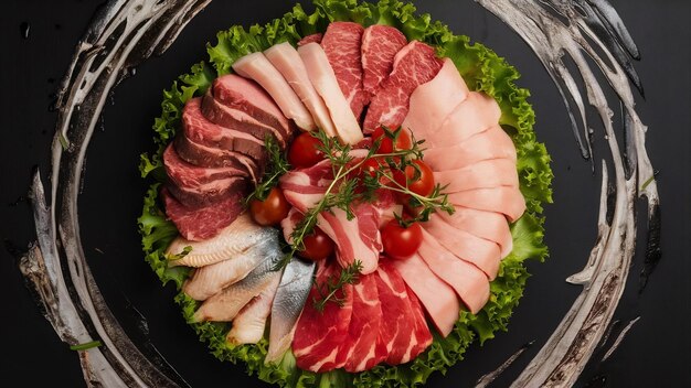 Верхний вид кусочки сырого мяса с зелеными и красными помидорами на темном фоне блюдо мяса мясная еда саль