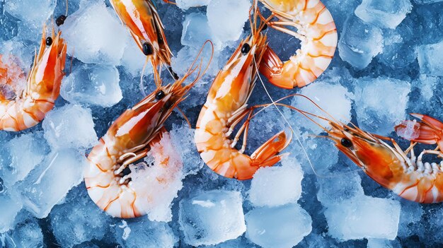 Foto vista dall'alto di gamberoni interi crudi su ghiaccio sfondo di frutti di mare ai generativa