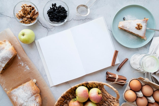 Photo top view on recipe book still life concept