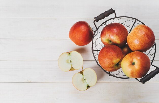 Top view of red apples in basket