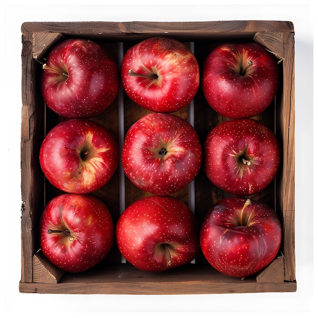 白い背景の木製の箱の中の赤いリンゴの上の景色