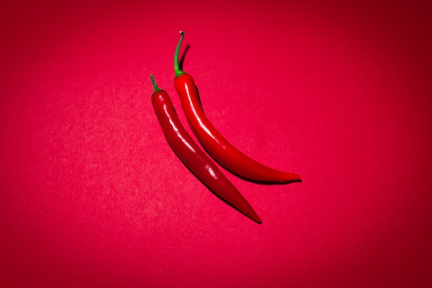 Top view of red chili hot pepper on the red surface