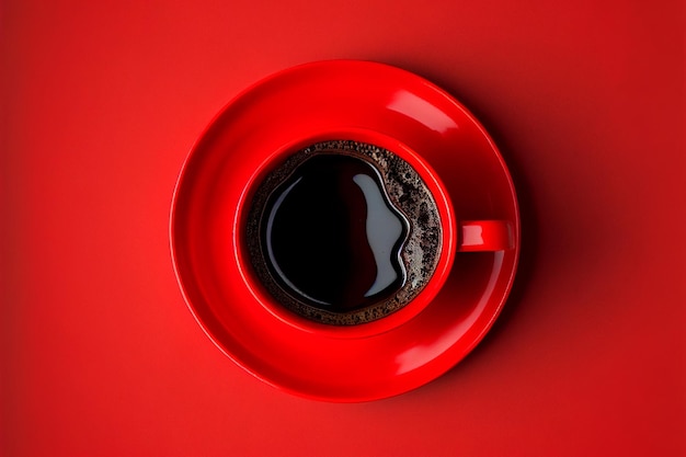 Фото Вид сверху красная чашка кофе на красном фоне пола. вид сверху. меню, дизайн упаковки, плакат.