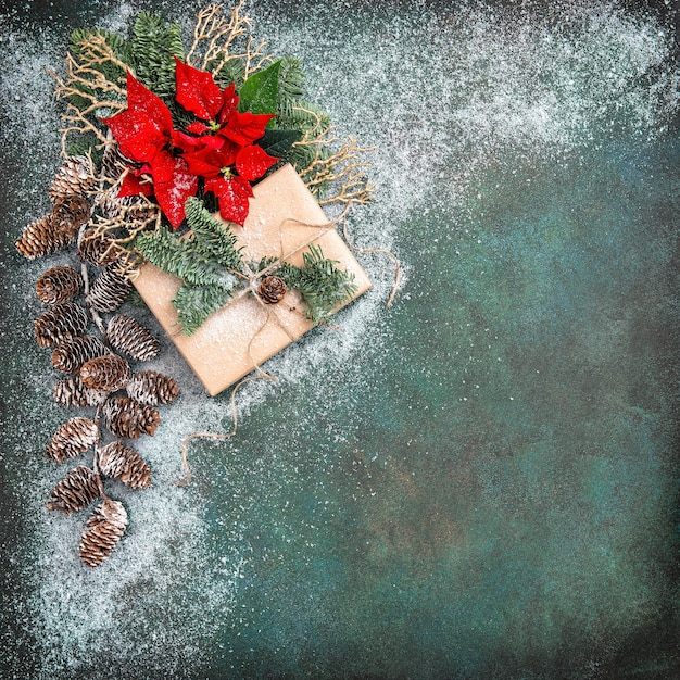 Top view red flower and snow decoration