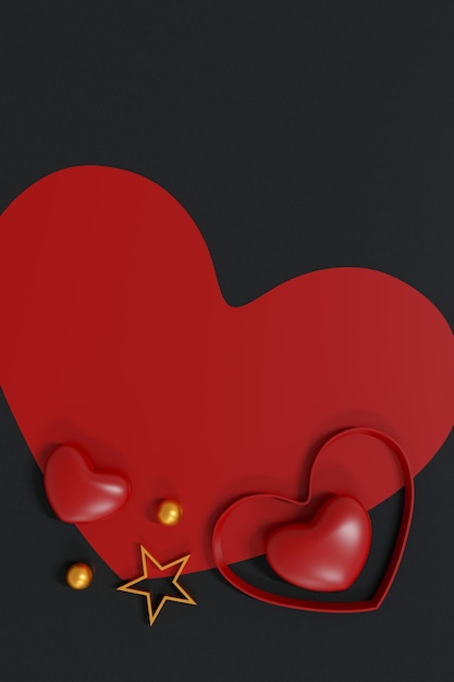 Top view of red heart shape on black table background. Festive card for Valentines Day