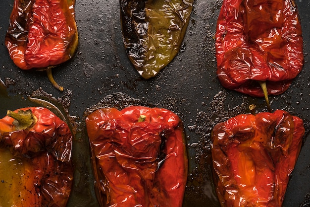 Top view of red pepper roasted in the oven