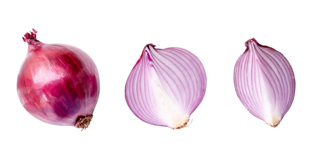 top view of red or purple onion bulb with half and slice in set isolated on white background