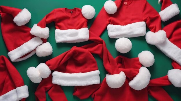 Top view of red santa hats and clothes on colorful background merry christmas concept with copy spac