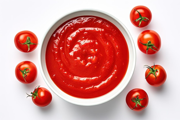 Top view of red tomato sauce or ketchup in ceramic bowl on white background