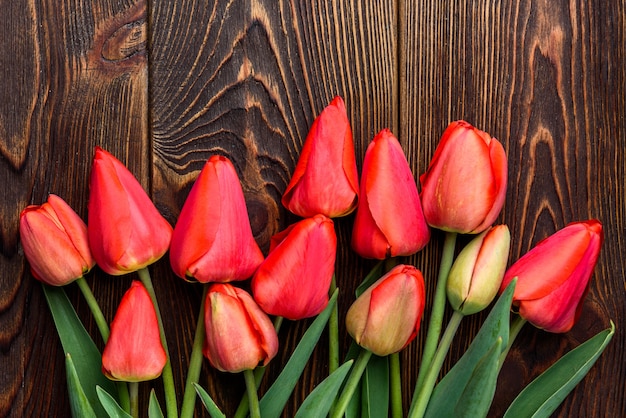 top view red tulips bouquet