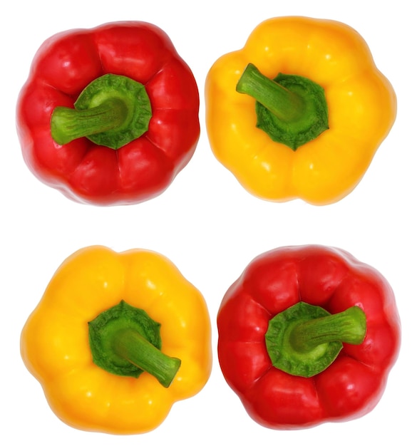 Top view red and yellow sweet bell pepper isolated on white ba