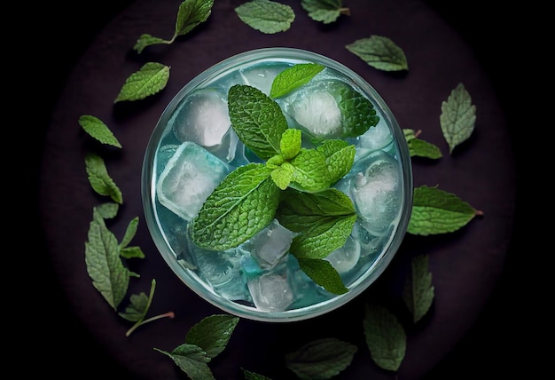 Foto vista dall'alto del rinfrescante cocktail alla menta mojito genera ai