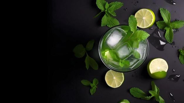 Top view of refreshing mint cocktail mojito in a glass on black background with lime mint leaves and ice neural network generated image