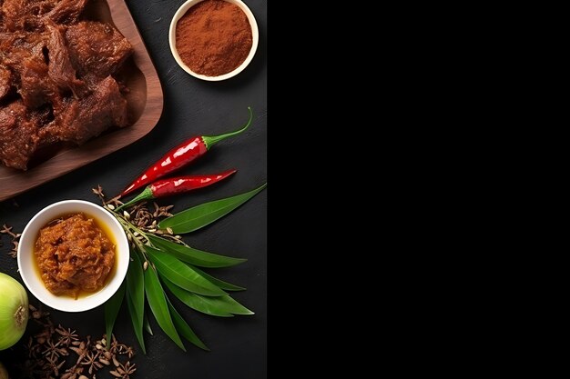 Photo top view rendang indonesian on dark table